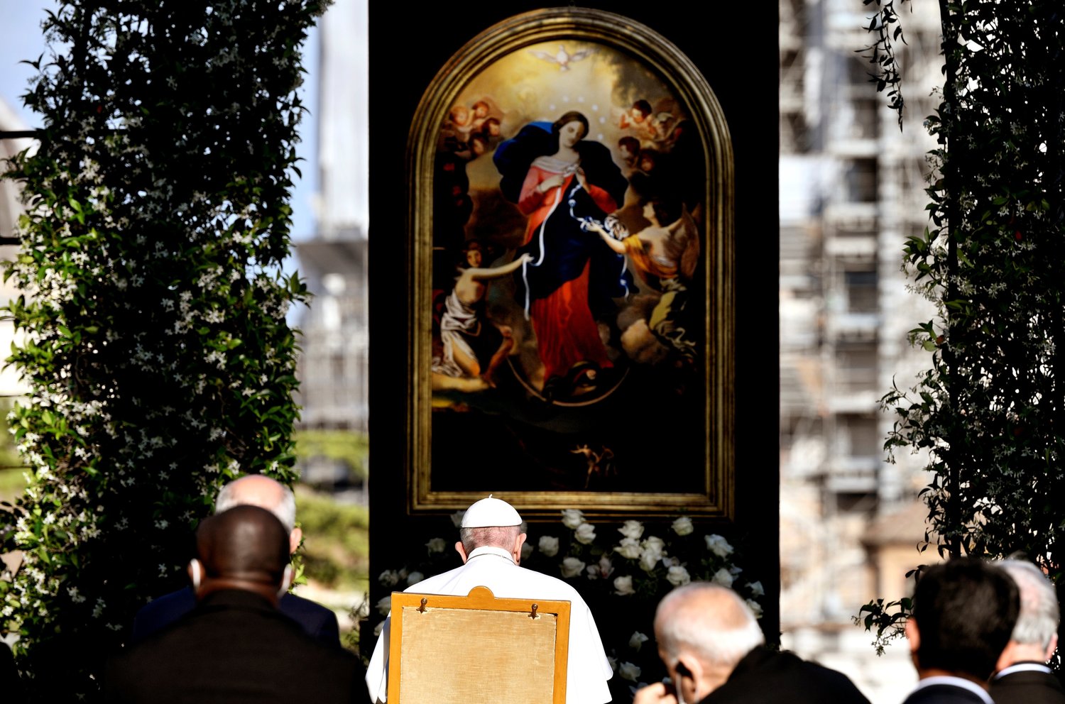 Pope Francis leads an evening Marian prayer service in the Vatican Gardens May 31, 2021. The serviced finished a monthlong rosary marathon to pray for the end of the COVID-19 pandemic. (CNS photo/Filippo Monteforte, Reuters pool)